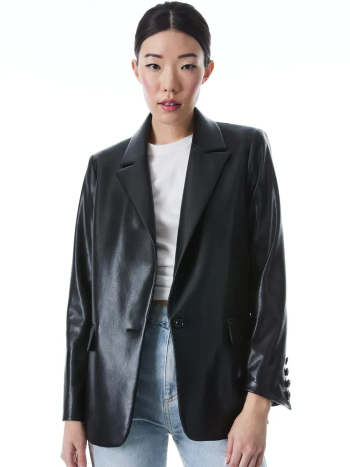 Jackets Coats Women Alice Olivia DENNY VEGAN LEATHER NOTCH COLLAR BLAZER Black