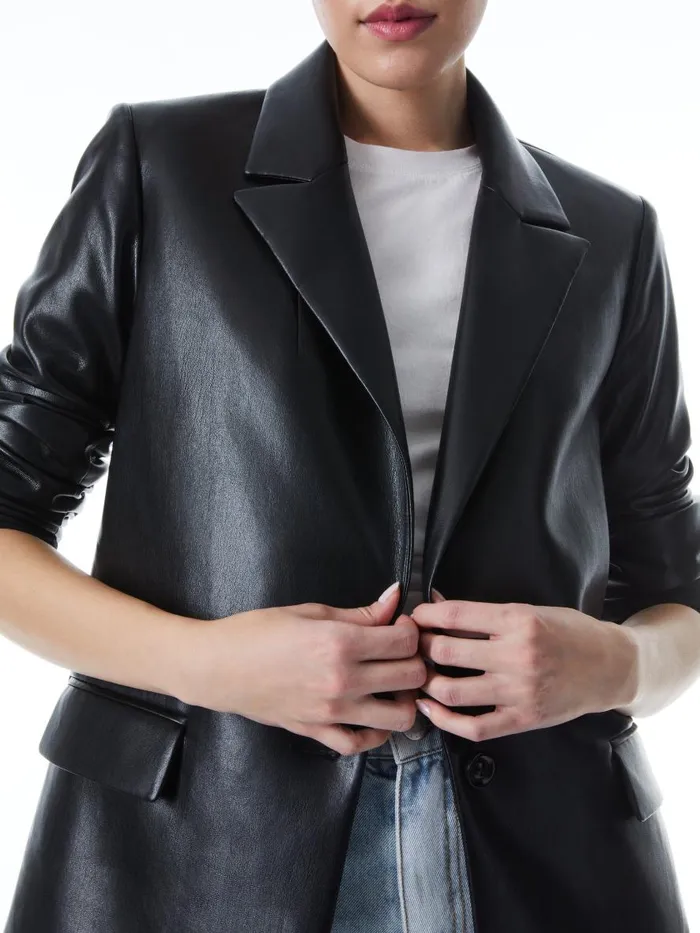 Jackets Coats Women Alice Olivia DENNY VEGAN LEATHER NOTCH COLLAR BLAZER Black