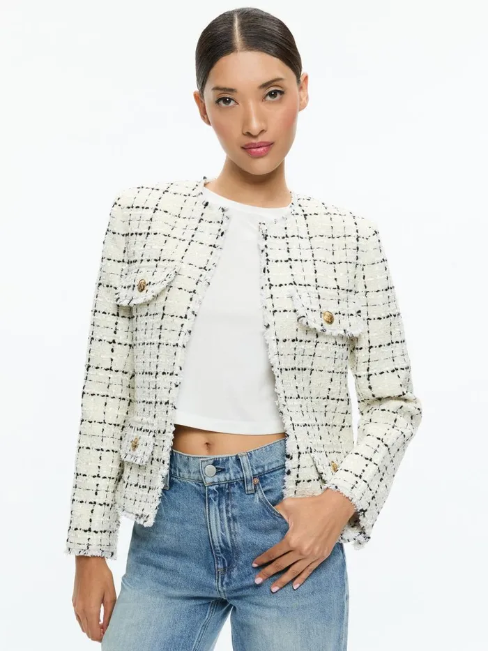Jackets Coats Women Alice Olivia DUMONT TWEED BOXY JACKET Off Whiteblack