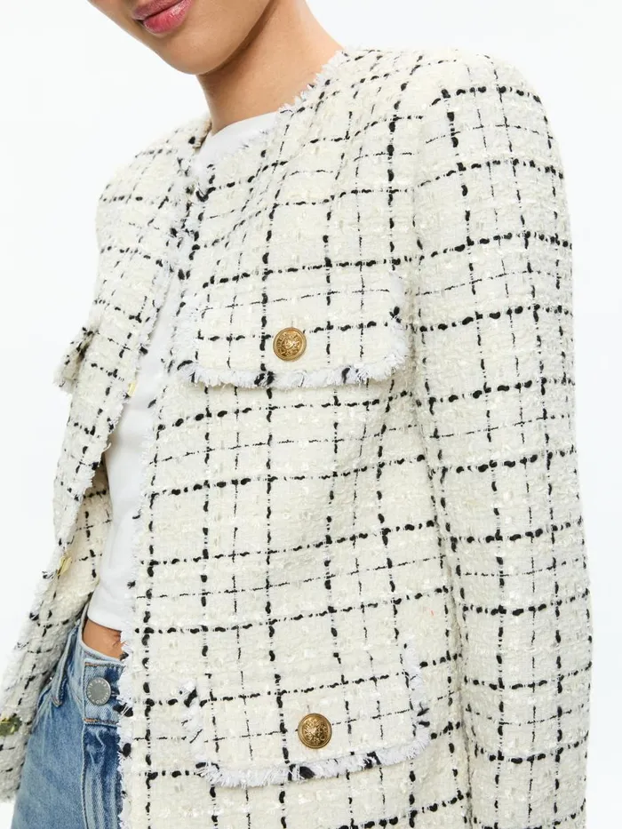 Jackets Coats Women Alice Olivia DUMONT TWEED BOXY JACKET Off Whiteblack