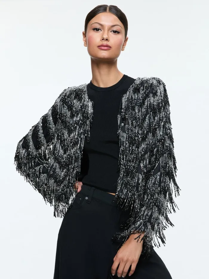 Jackets Coats Women Alice Olivia KIDMAN EMBELLISHED FRINGE BOXY JACKET Blacksilver