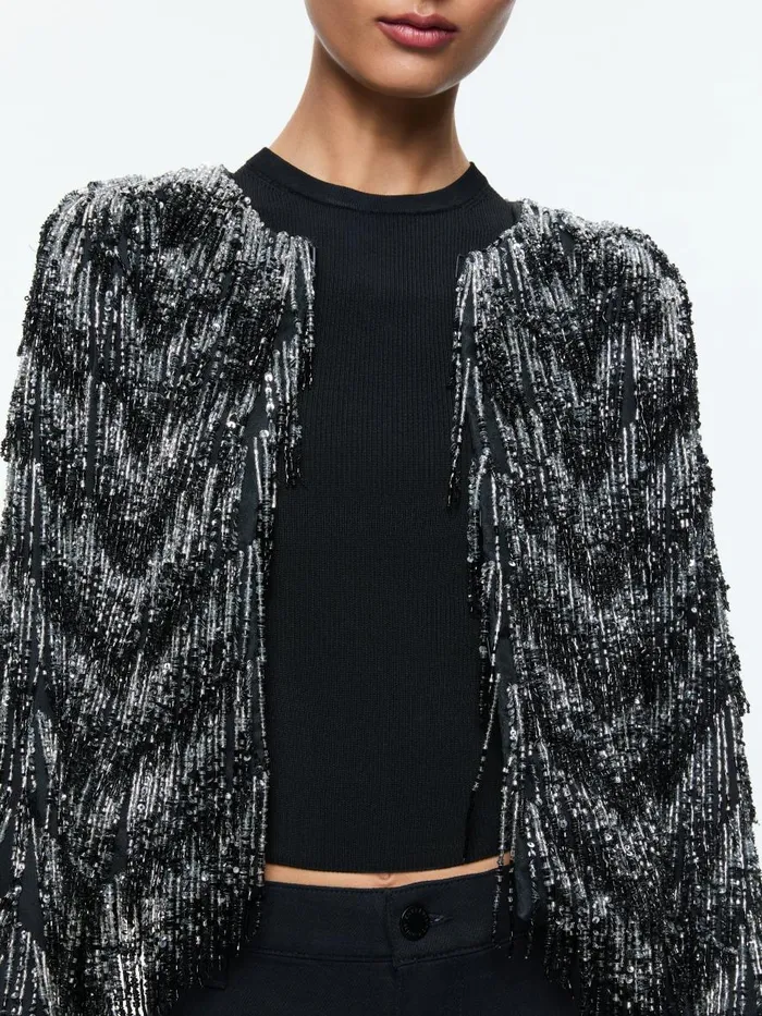 Jackets Coats Women Alice Olivia KIDMAN EMBELLISHED FRINGE BOXY JACKET Blacksilver
