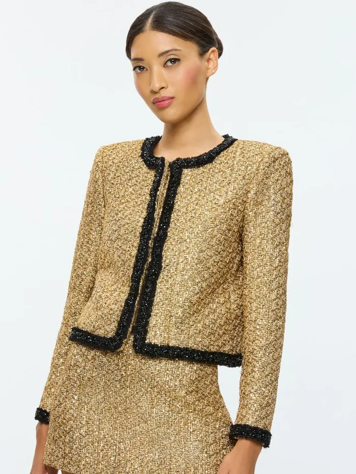 Jackets Coats Women Alice Olivia LANDON CROPPED BOXY JACKET WITH EMBELLISHED TRIM Gold
