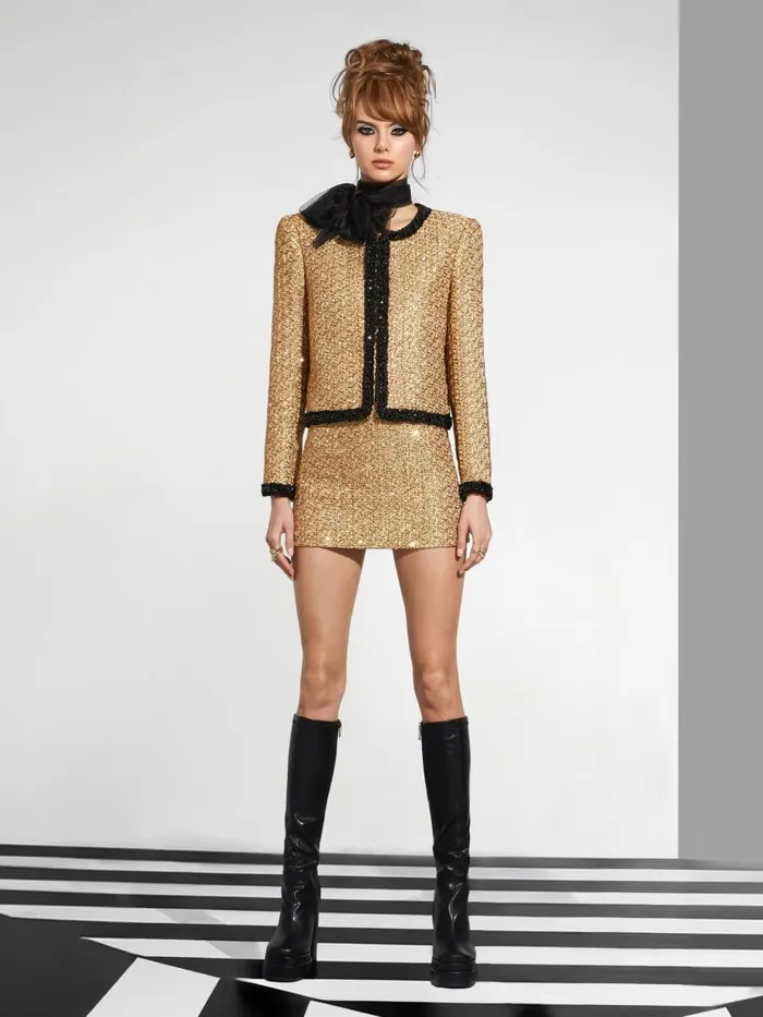 Jackets Coats Women Alice Olivia LANDON CROPPED BOXY JACKET WITH EMBELLISHED TRIM Gold