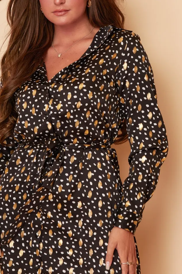Jenna Black With Gold Foil Long Sleeve Shirt Dress Women Girl In Mind Shirt Dresses