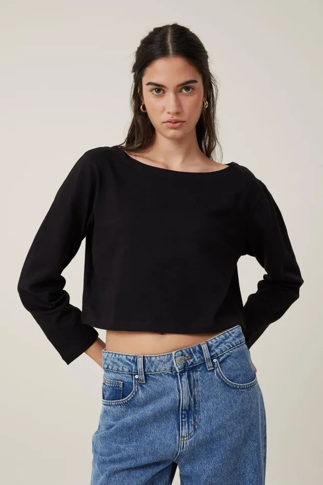 Jordyn Boat Neck Chopped Long Sleeve Top Black Women Cotton On Tops