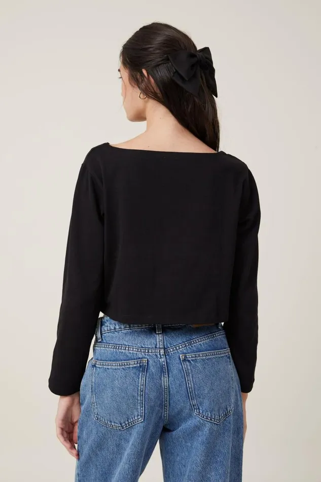 Jordyn Boat Neck Chopped Long Sleeve Top Black Women Cotton On Tops