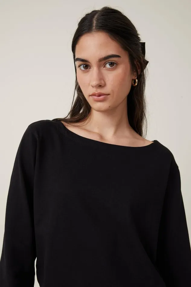 Jordyn Boat Neck Chopped Long Sleeve Top Black Women Cotton On Tops