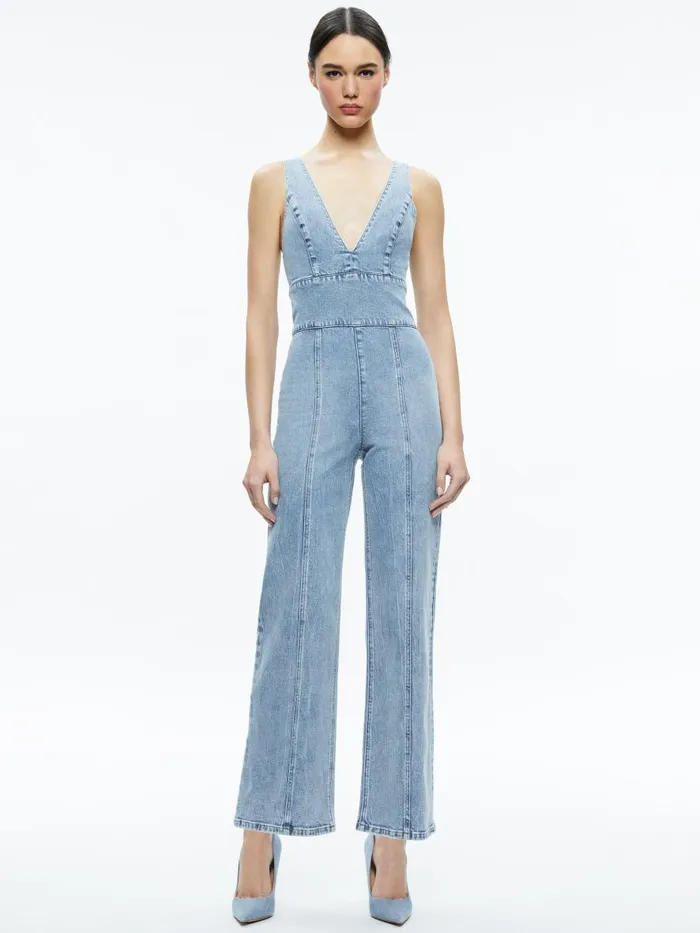 Jumpsuits Rompers Women Alice Olivia SANDRA DEEP V NECK JUMPSUIT Sullivan Vintage Blue