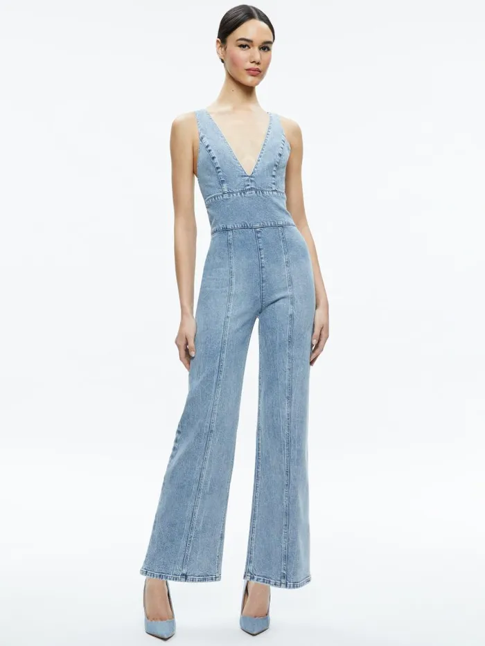 Jumpsuits Rompers Women Alice Olivia SANDRA DEEP V NECK JUMPSUIT Sullivan Vintage Blue