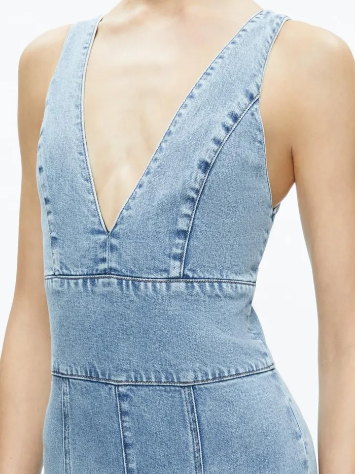 Jumpsuits Rompers Women Alice Olivia SANDRA DEEP V NECK JUMPSUIT Sullivan Vintage Blue