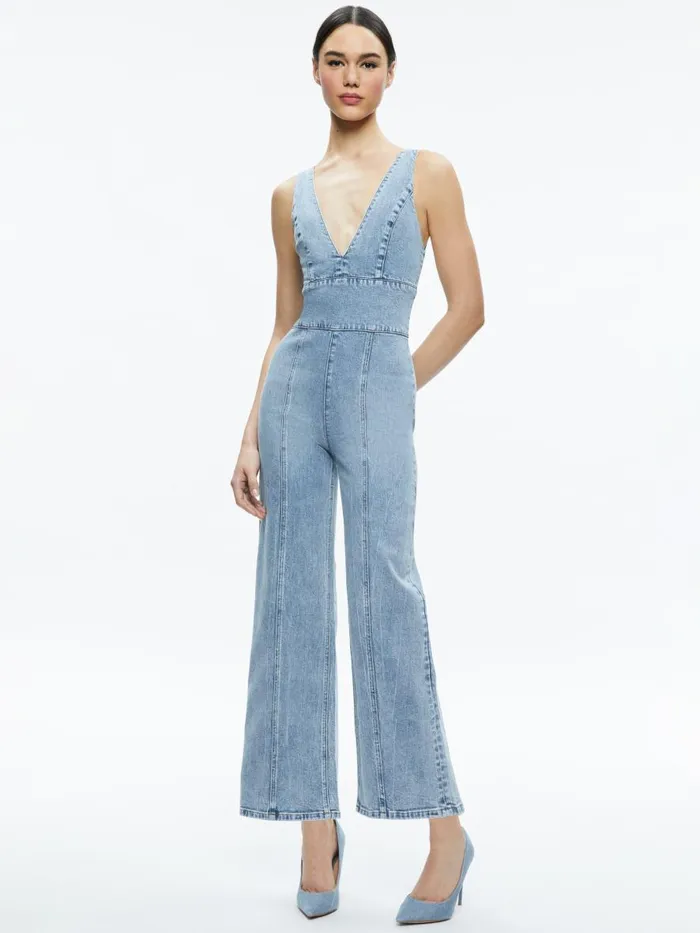 Jumpsuits Rompers Women Alice Olivia SANDRA DEEP V NECK JUMPSUIT Sullivan Vintage Blue