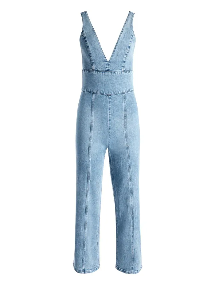 Jumpsuits Rompers Women Alice Olivia SANDRA DEEP V NECK JUMPSUIT Sullivan Vintage Blue