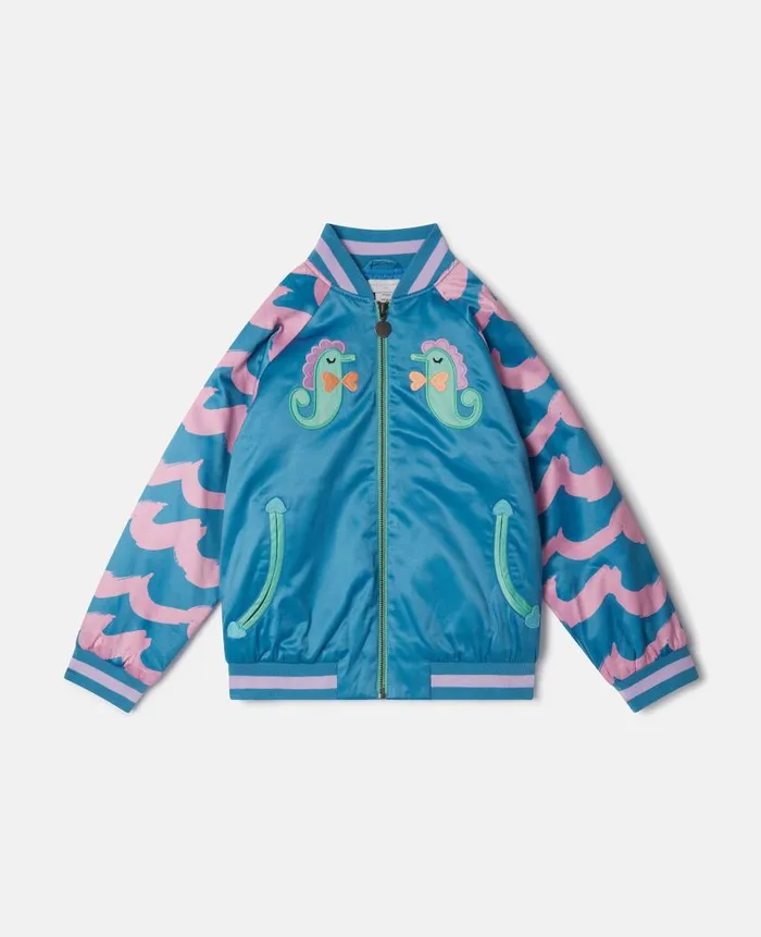 Kids Outerwear Stella McCartney Seahorse Embroidery Satin Bomber Jacket Blue