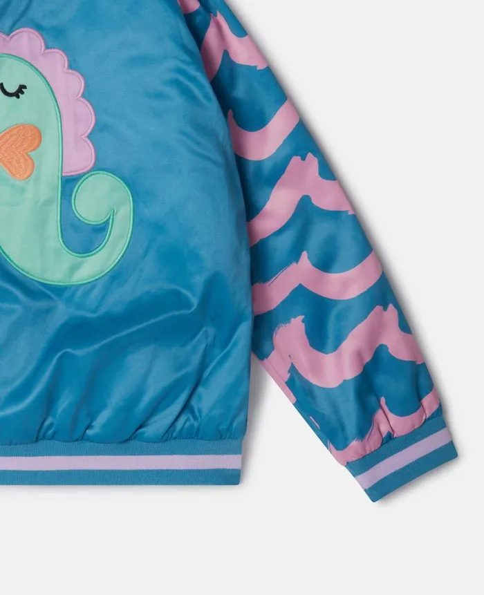 Kids Outerwear Stella McCartney Seahorse Embroidery Satin Bomber Jacket Blue