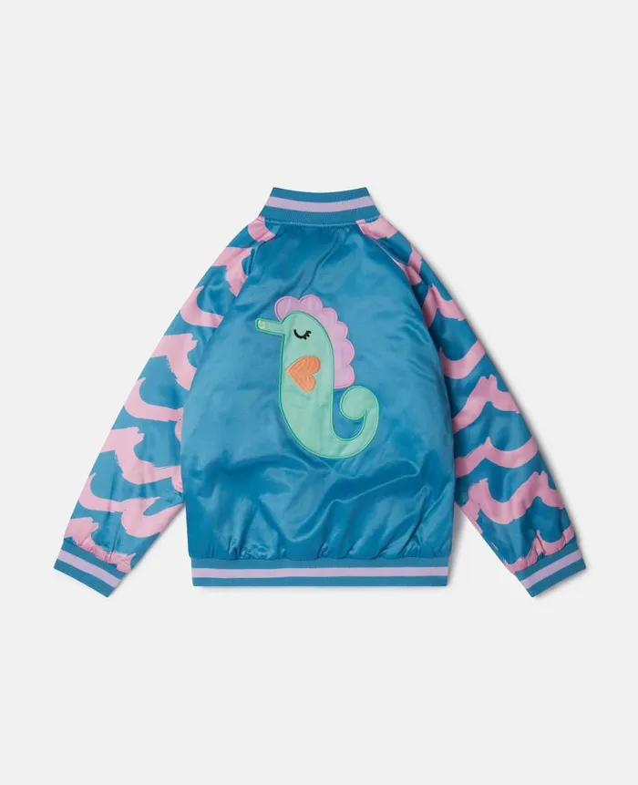 Kids Outerwear Stella McCartney Seahorse Embroidery Satin Bomber Jacket Blue