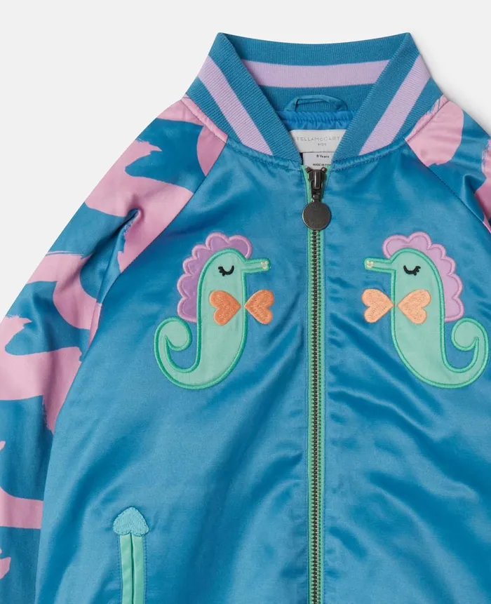 Kids Outerwear Stella McCartney Seahorse Embroidery Satin Bomber Jacket Blue