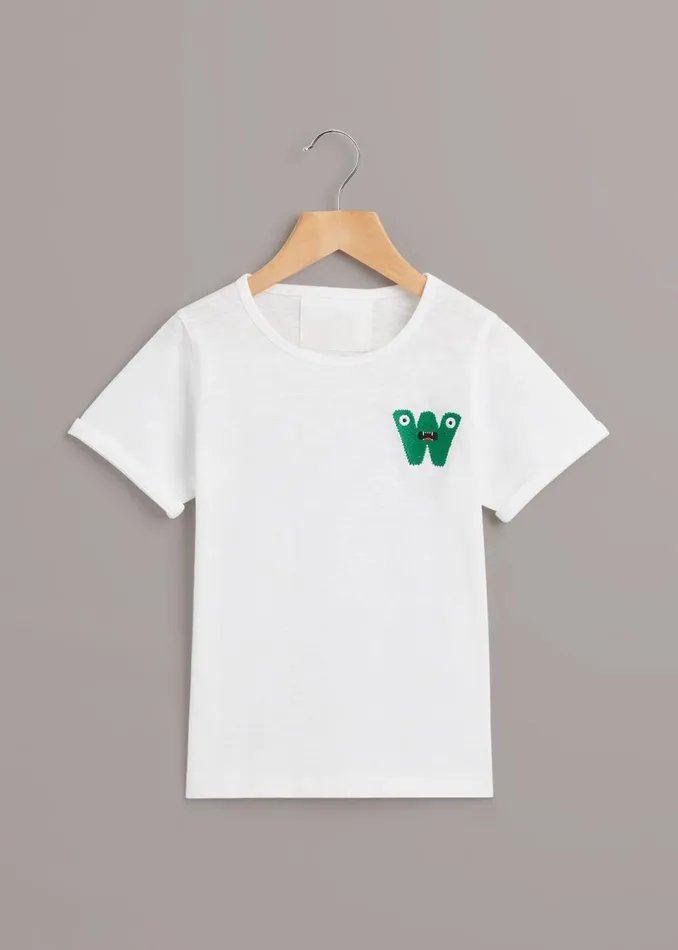 Kids Tops Whistles White Monster Embroidered T Shirt