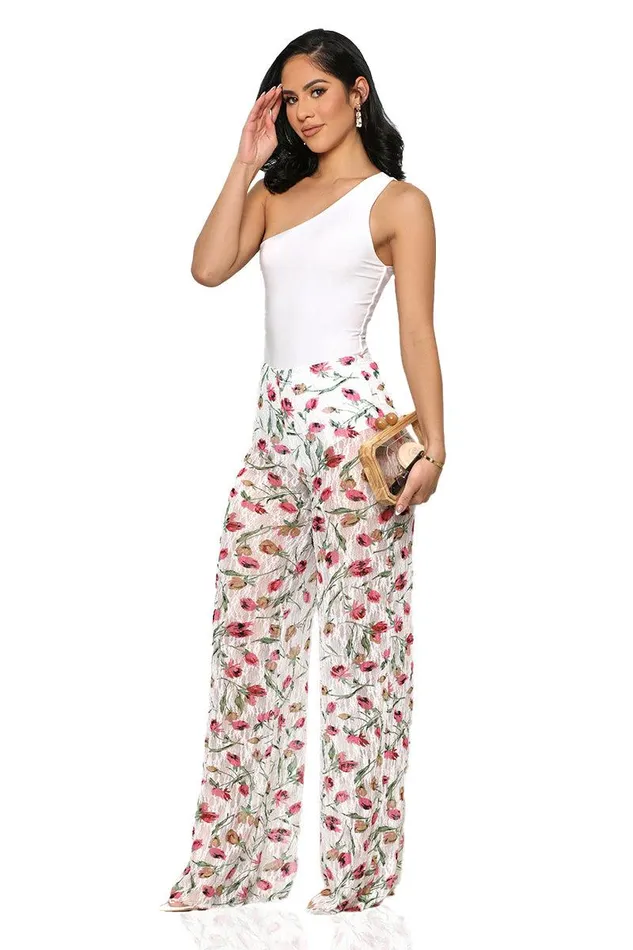 Lilly039s Kloset Bottoms Women Throwing Roses Lace Pants White MultiFINAL SALE