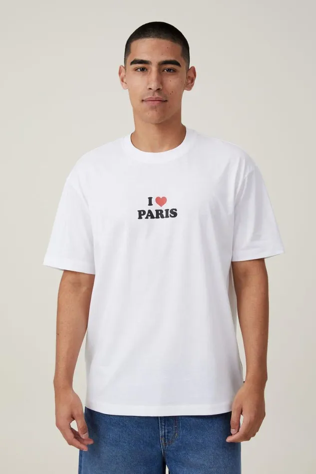 Loose Fit Art TShirt White I Love Paris Men Cotton On Tees and Tanks