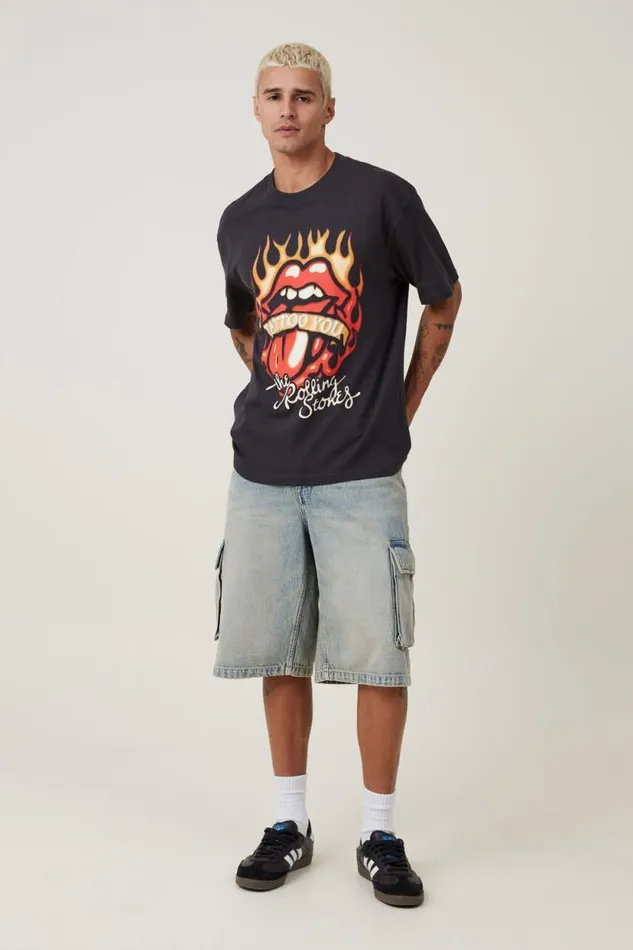 Loose Fit Music TShirt Lcn Bra Washed Blackrolling Stones 8211 Tattoo Men Cotton On Tees and Tanks