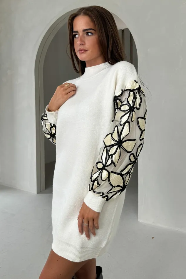 Lori Cream Knit Floral Sleeve Jumper Dress Women Girl In Mind Knitwear