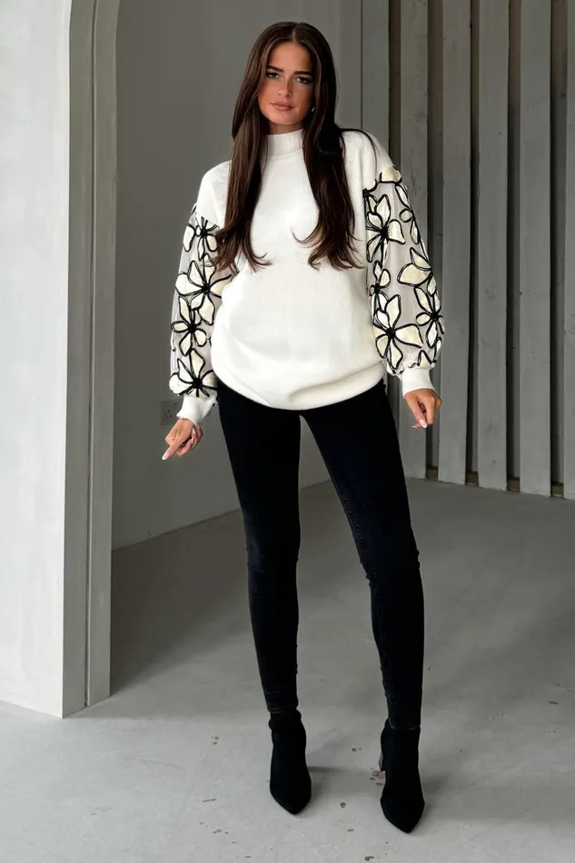 Lori Cream Knit Floral Sleeve Jumper Dress Women Girl In Mind Knitwear