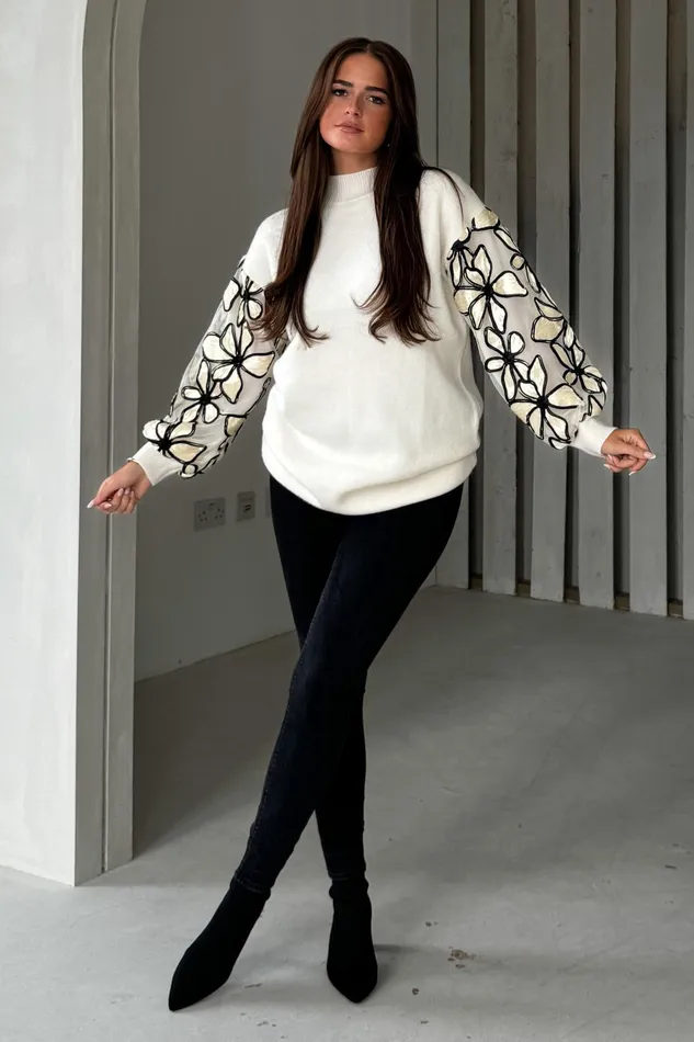 Lori Cream Knit Floral Sleeve Jumper Dress Women Girl In Mind Knitwear
