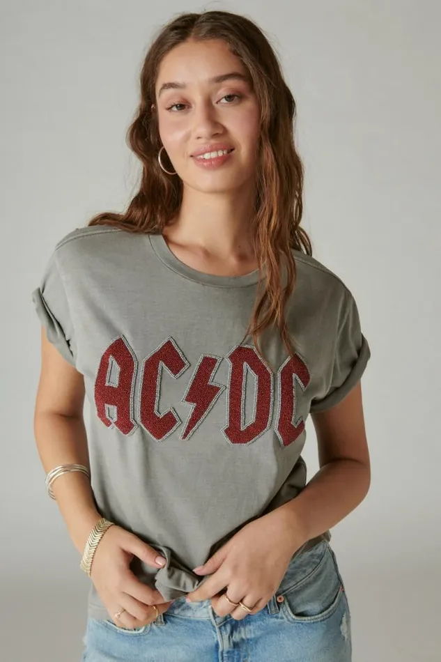 Lucky Brand Acdc Beaded Boyfriend Tee Castle Rock Women Graphic Tees