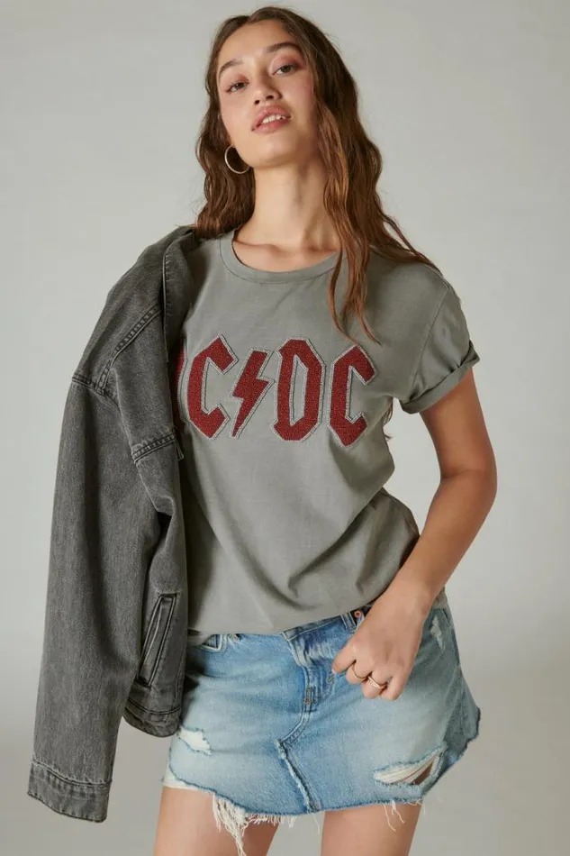 Lucky Brand Acdc Beaded Boyfriend Tee Castle Rock Women Graphic Tees
