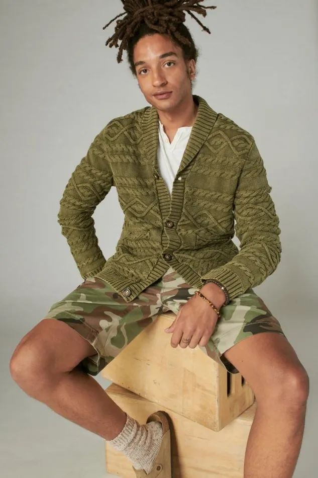 Lucky Brand Cable Knit Cardigan Drk Olive Acid Wash Men Sweaters