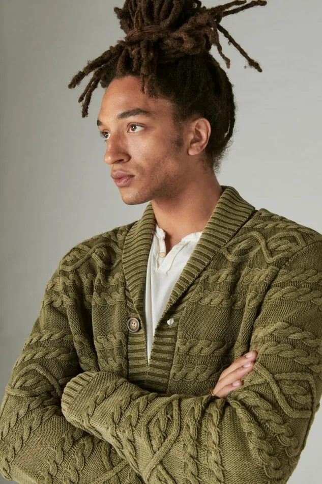 Lucky Brand Cable Knit Cardigan Drk Olive Acid Wash Men Sweaters