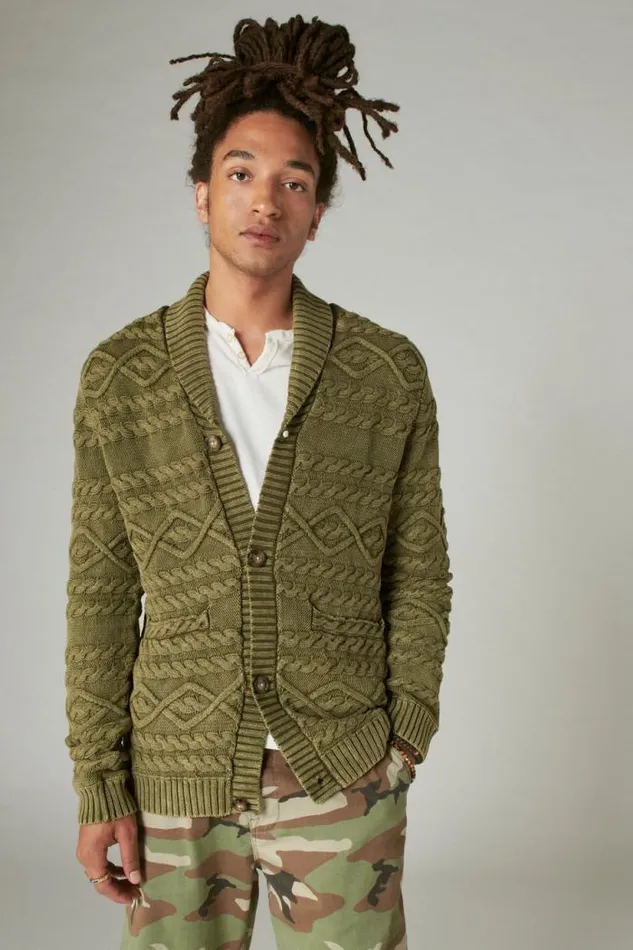 Lucky Brand Cable Knit Cardigan Drk Olive Acid Wash Men Sweaters