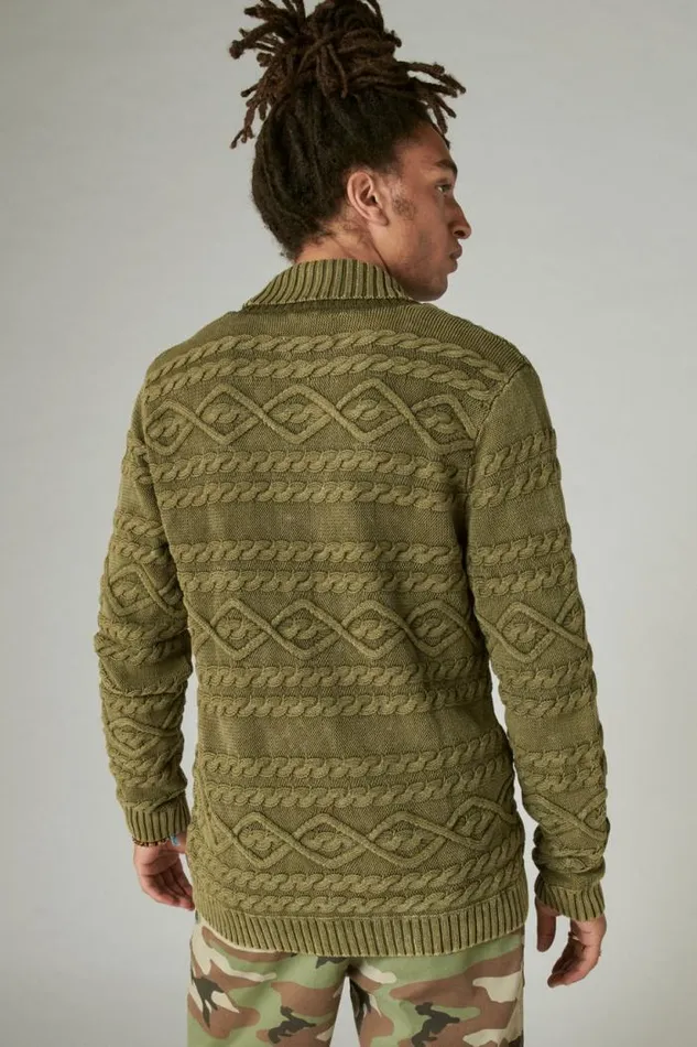 Lucky Brand Cable Knit Cardigan Drk Olive Acid Wash Men Sweaters