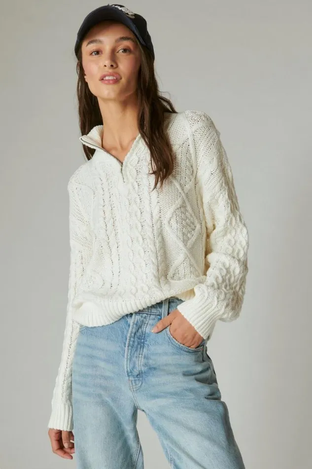 Lucky Brand Cable Zip Mock Neck Sweater Egret Women Sweaters and Sweatshirts