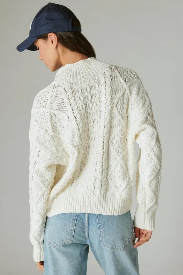 Lucky Brand Cable Zip Mock Neck Sweater Egret Women Sweaters and Sweatshirts