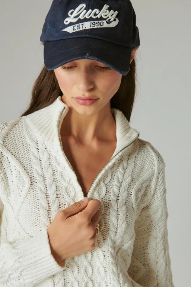 Lucky Brand Cable Zip Mock Neck Sweater Egret Women Sweaters and Sweatshirts