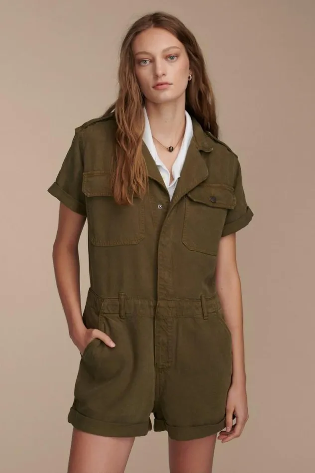 Lucky Brand Denim Utility Romper Dark Olive Women Jumpsuits and Overalls