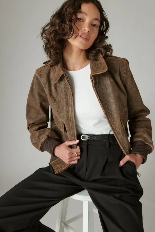 Lucky Brand Distressed Cropped Leather Bomber Jacket Brown Women Jackets and Outerwear