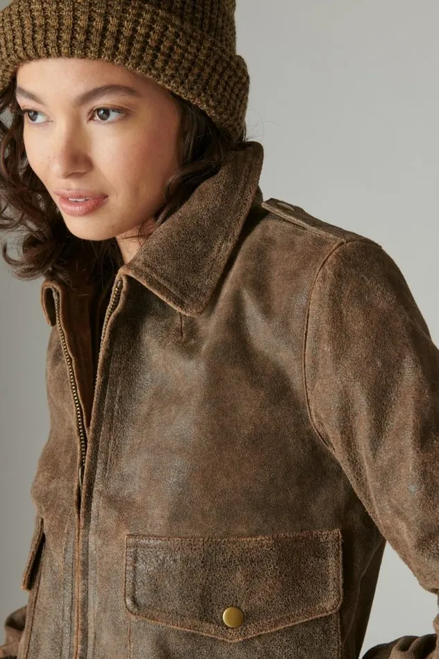 Lucky Brand Distressed Cropped Leather Bomber Jacket Brown Women Jackets and Outerwear