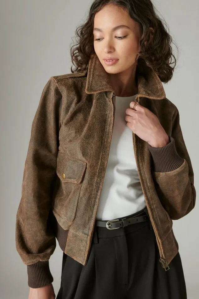 Lucky Brand Distressed Cropped Leather Bomber Jacket Brown Women Jackets and Outerwear
