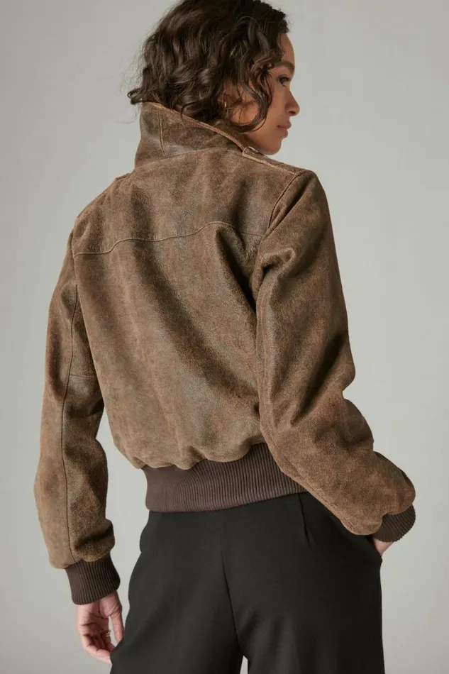 Lucky Brand Distressed Cropped Leather Bomber Jacket Brown Women Jackets and Outerwear