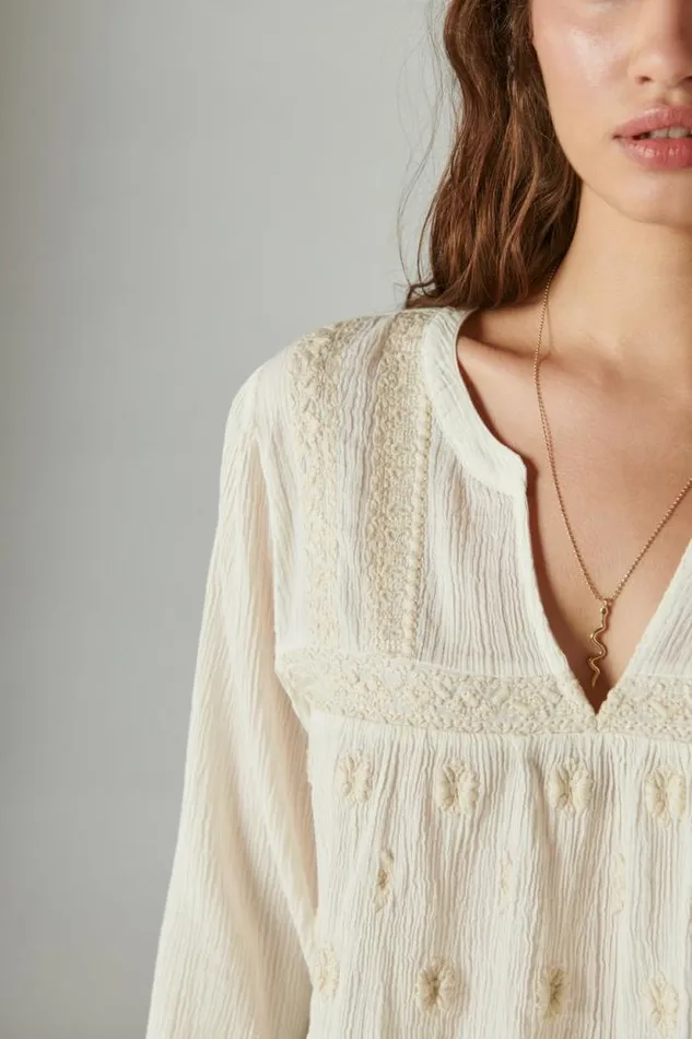 Lucky Brand Embroidered Popover Blouse Whisper White Women All Tops