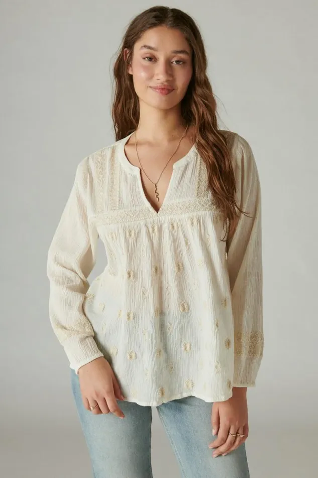 Lucky Brand Embroidered Popover Blouse Whisper White Women All Tops