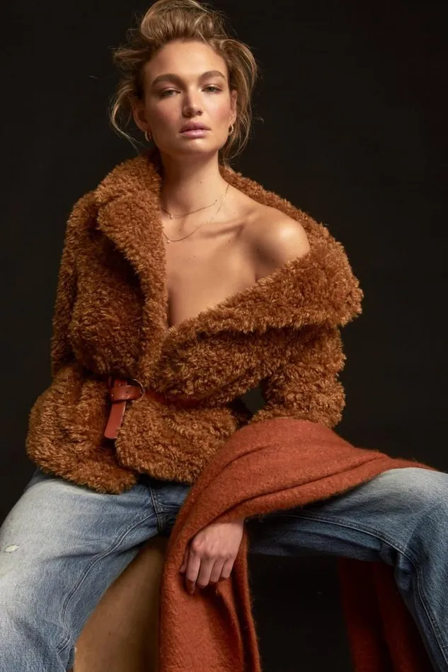 Lucky Brand Faux Teddy Coat Toffee Women Jackets and Outerwear