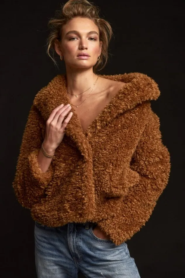 Lucky Brand Faux Teddy Coat Toffee Women Jackets and Outerwear