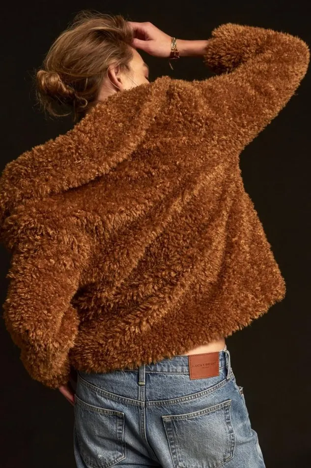 Lucky Brand Faux Teddy Coat Toffee Women Jackets and Outerwear