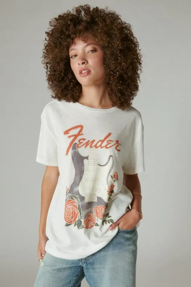 Lucky Brand Fender Roses Boyfriend Tee Cloud Dancer Women Graphic Tees
