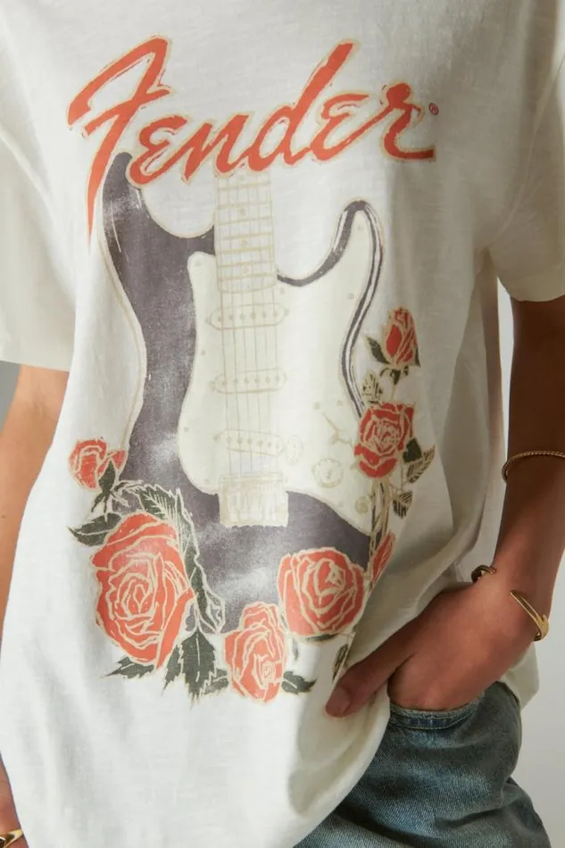 Lucky Brand Fender Roses Boyfriend Tee Cloud Dancer Women Graphic Tees