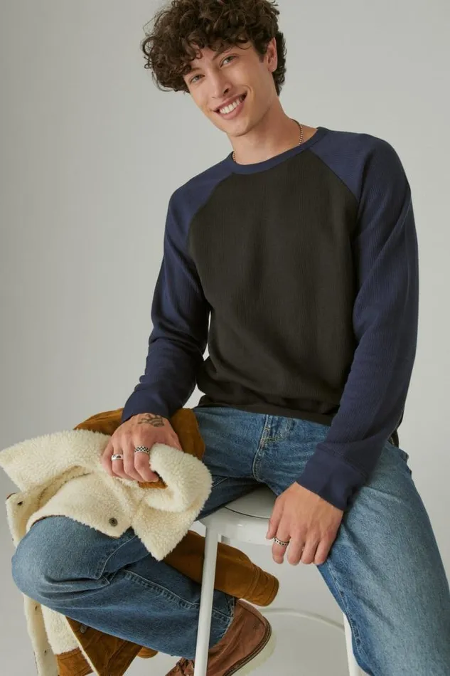 Lucky Brand French Rib Long Sleeve Crew Navy Multi Men Shirts and Tops
